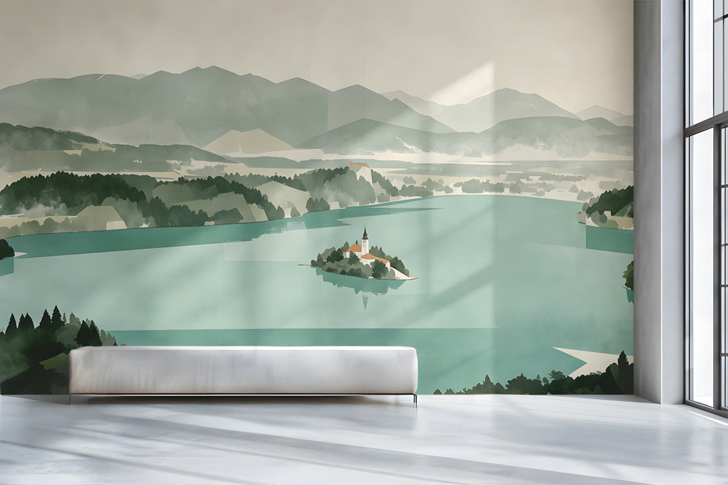 A tranquil hallway featuring the mountain lake mural on the main wall with light wood furniture.
