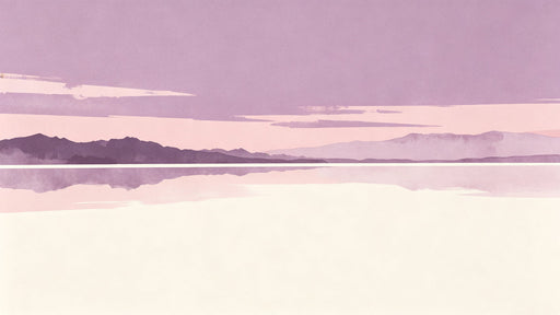 Minimalist landscape mural with lavender mountains and pale blush sky in a watercolor style.