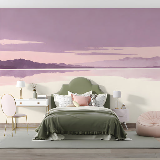 Soft landscape wall covering in a bedroom, creating a calming workspace background.