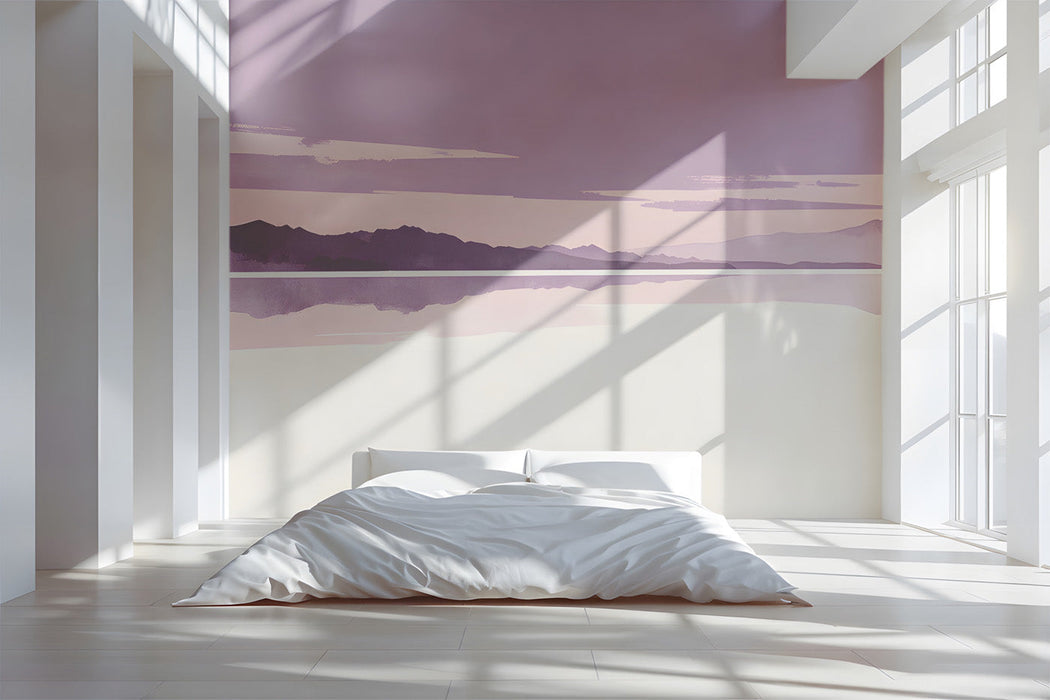 Lavender landscape mural installed on a feature wall in a tranquil minimalist bedroom.