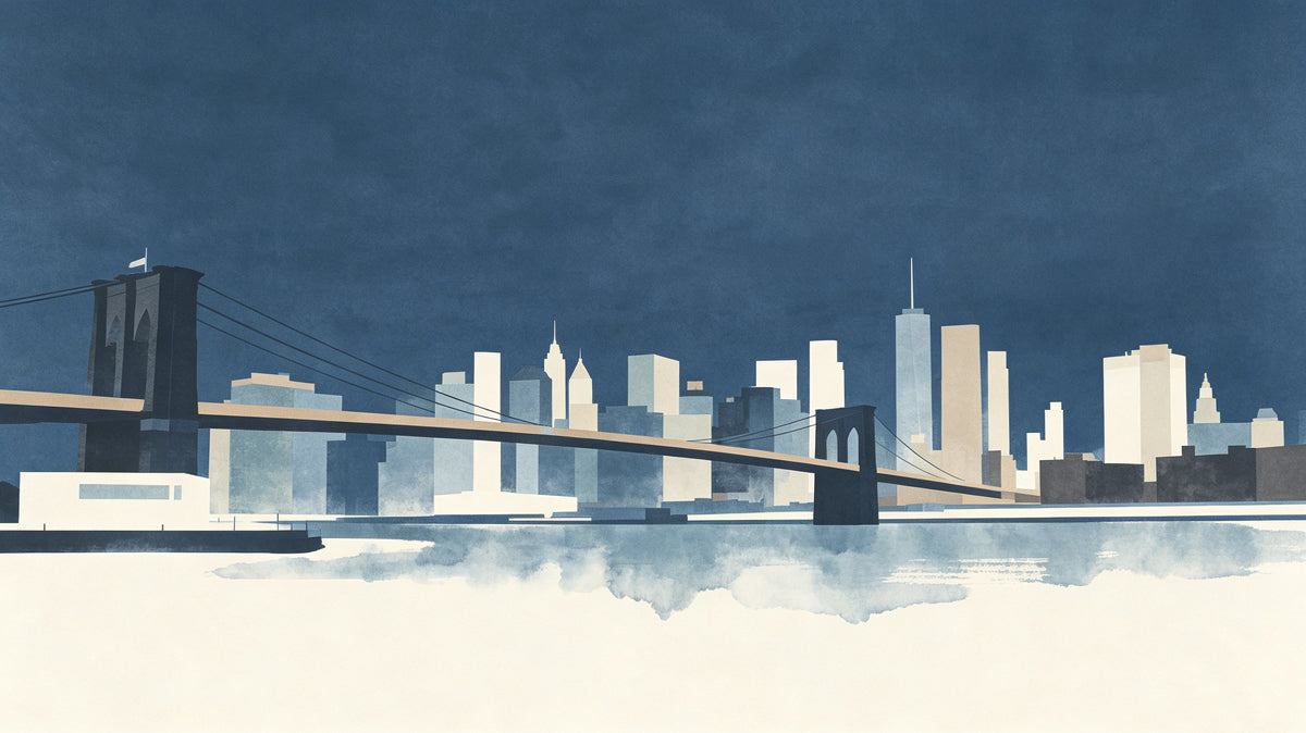 Brooklyn Bridge skyline wallpaper with midnight blue sky and watercolor water details