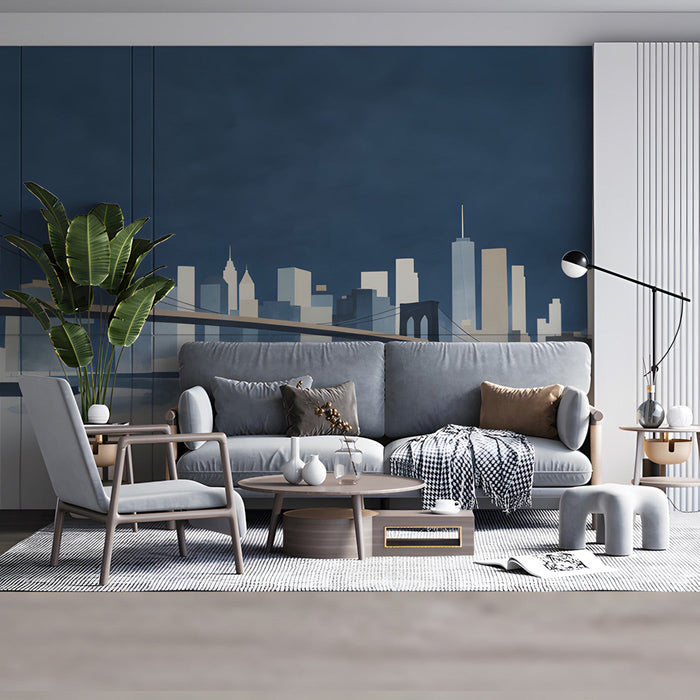 Contemporary living room interior with a panoramic bridge mural backdrop