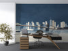 Modern office featuring a New York bridge cityscape mural above the bed