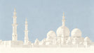 A watercolor style mural of the Sheikh Zayed Mosque with white domes and minarets against a pale blue sky.