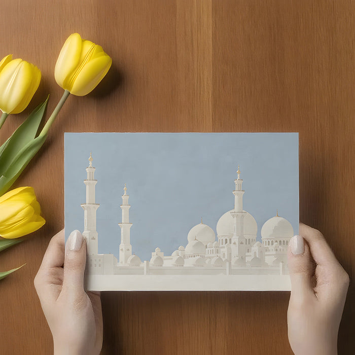 An elegant entryway featuring the mosque mural wallpaper behind a wooden console table.