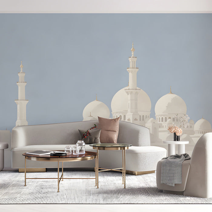 A serene living room with the mosque silhouette wallpaper creating a calm, expansive wall feature.