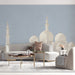 A serene living room with the mosque silhouette wallpaper creating a calm, expansive wall feature.