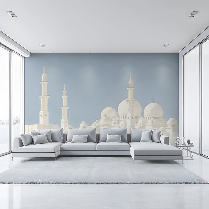 A sophisticated hallway featuring the mosque architectural mural on a long accent wall.