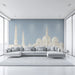 A sophisticated hallway featuring the mosque architectural mural on a long accent wall.