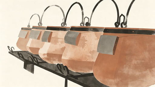 Hand-painted mural showing a row of terracotta ceramic pots with charcoal ink handles against a cream background.