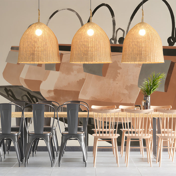 Restaurant wall mural showing brush-stroke ceramic vessels for a modern artistic atmosphere.