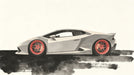 A sleek supercar illustration in charcoal gray and coral red set against a painterly ink-wash ground.
