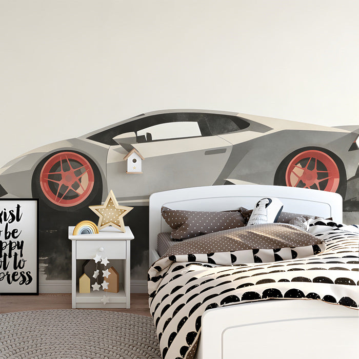 The automotive mural in a bedroom or den, styled with dark industrial metal accents.
