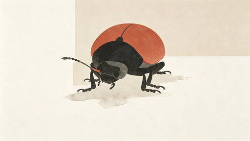Minimalist illustration of a ladybug with a burnt orange shell and charcoal body on a creamy off-white background.
