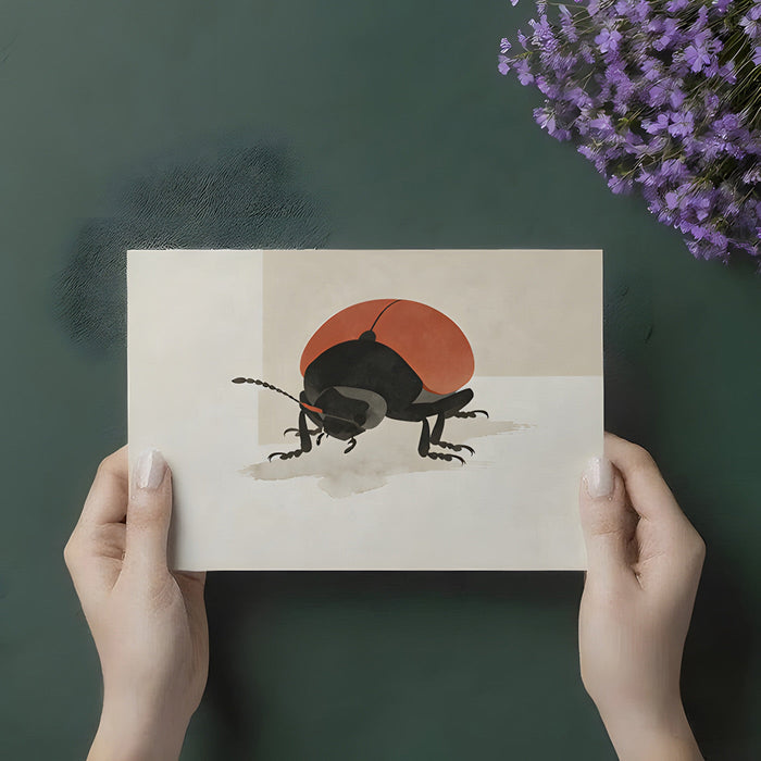 A calm home office space with a ladybug mural behind a sleek wooden desk, creating a focused and serene environment.