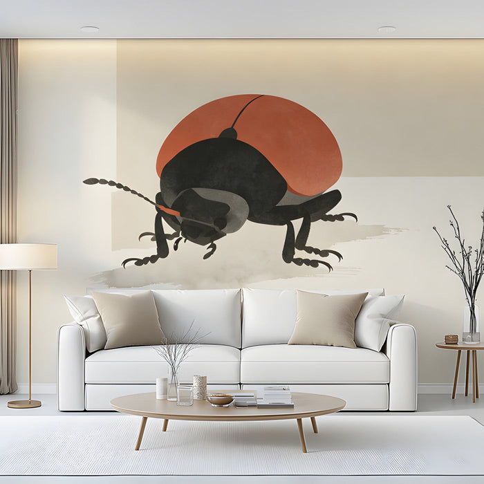 A contemporary living room wall decorated with a bold insect-themed wallpaper illustration and minimalist lighting.