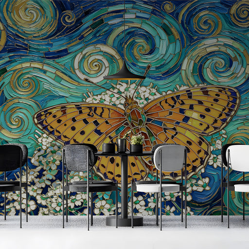 An inspiring cafe space featuring the detailed artistic butterfly wallpaper