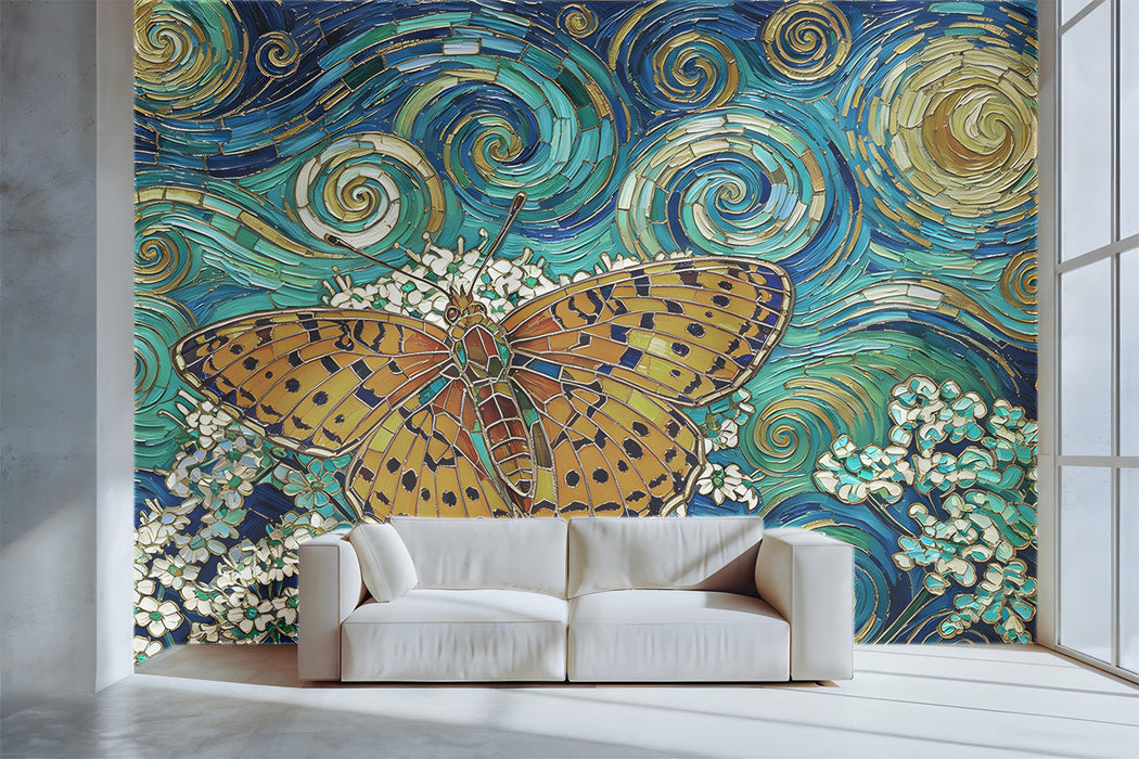 A cozy home library featuring the starry butterfly mural behind dark wooden shelving