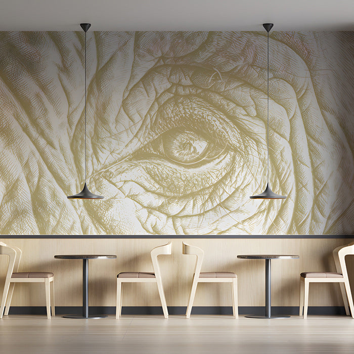 Close-up of elephant eye mural installed behind a modern minimalist desk in a bar
