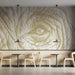 Close-up of elephant eye mural installed behind a modern minimalist desk in a bar