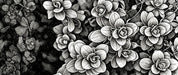 Close up of black and white botanical ink sketch wallpaper with floral cross-hatching