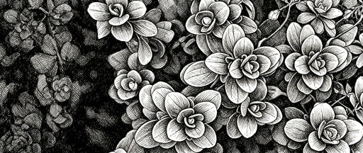 Close up of black and white botanical ink sketch wallpaper with floral cross-hatching