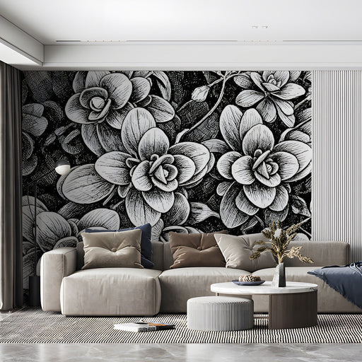 Sophisticated living room with detailed monochrome floral wallpaper design