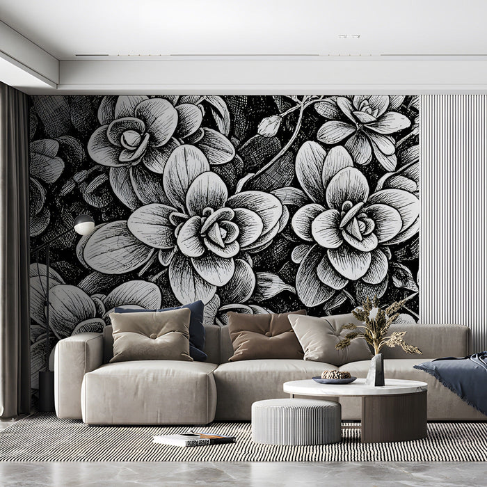 Sophisticated living room with detailed monochrome floral wallpaper design