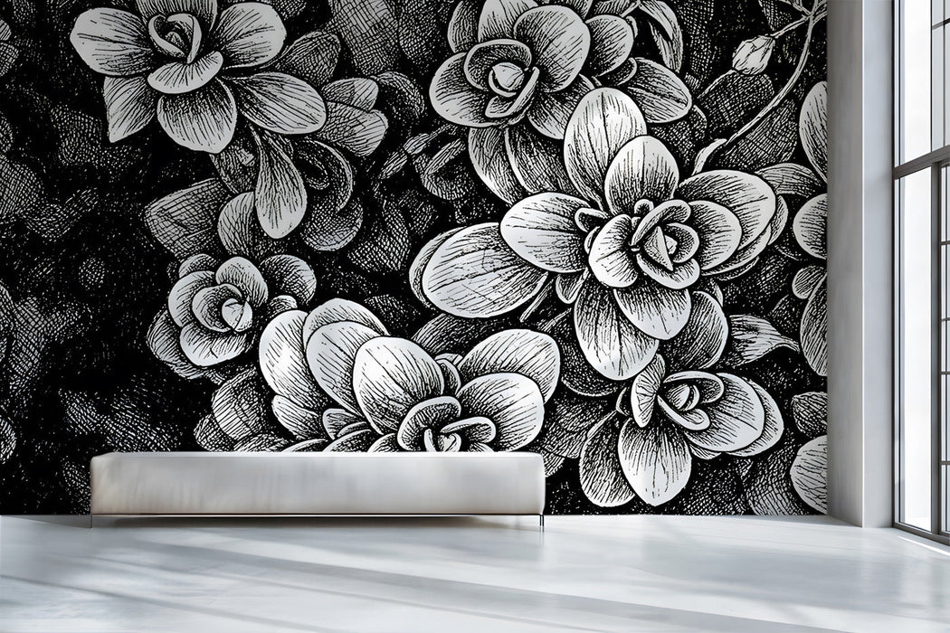 Modern hallway with black and white floral sketch wall behind a wooden desk