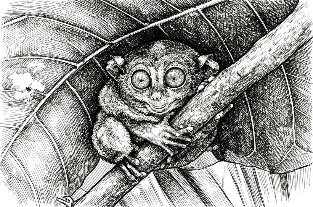 Intricate charcoal ink illustration of a tarsier perched on a branch beneath large tropical leaves.