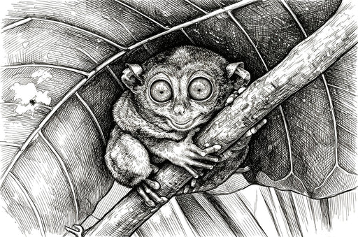 Intricate charcoal ink illustration of a tarsier perched on a branch beneath large tropical leaves.
