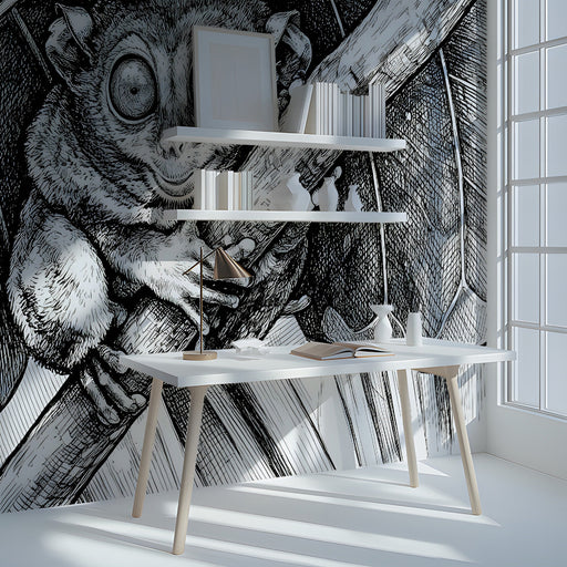 A modern study featuring a striking high-contrast botanical ink drawing as a large-scale mural.