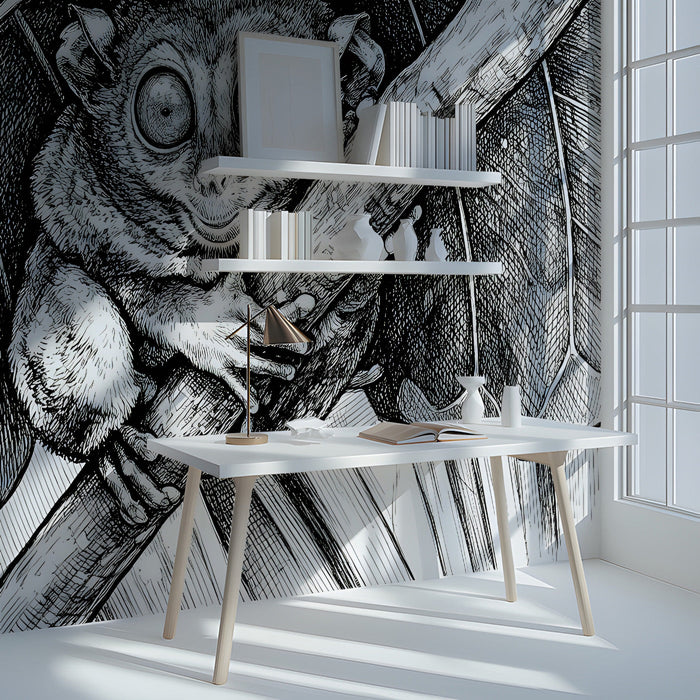 A modern study featuring a striking high-contrast botanical ink drawing as a large-scale mural.