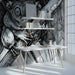 A modern study featuring a striking high-contrast botanical ink drawing as a large-scale mural.