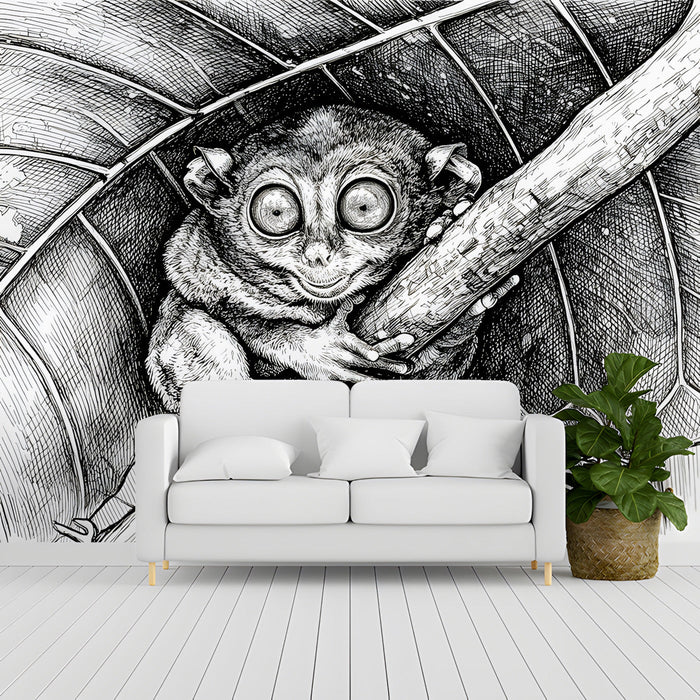A sophisticated study room featuring a detailed primate illustration on the wall behind a wooden desk.