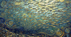 Abstract mosaic wallpaper featuring a school of gold fish swimming through deep blue swirling ocean currents