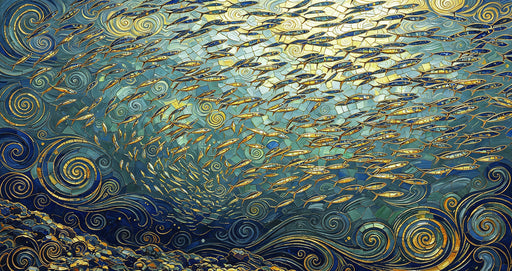 Abstract mosaic wallpaper featuring a school of gold fish swimming through deep blue swirling ocean currents