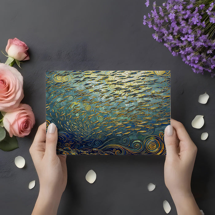 Modern home office with a dramatic ocean-inspired fish mural on the primary accent wall