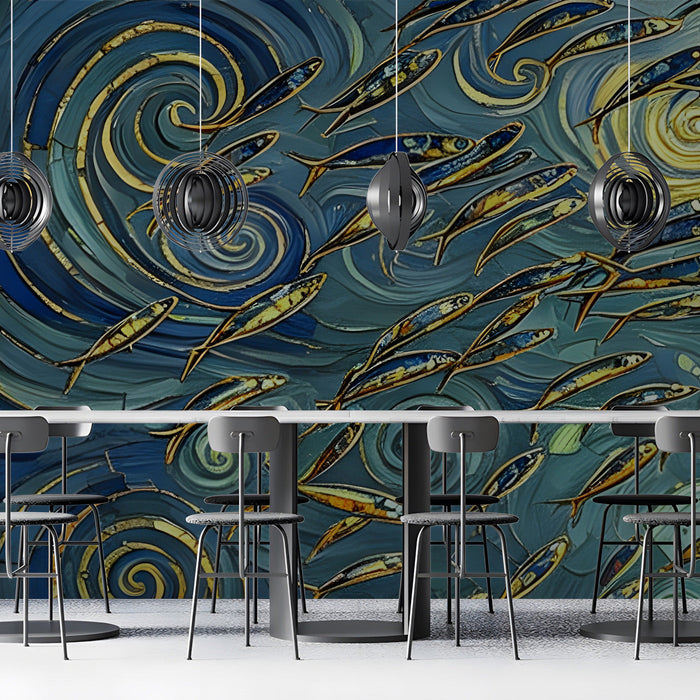 Sophisticated bar wall covered in a textured fish shoal mural with gold accents