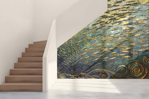 Living room featuring a deep blue and gold fish mosaic mural behind a sleek velvet sofa