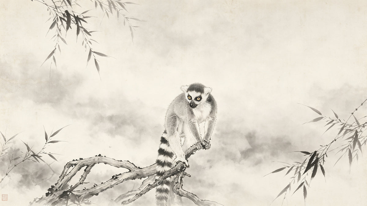 A traditional ink wash mural depicting a single ring-tailed lemur perched on a branch, set against a soft parchment background.