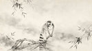 A traditional ink wash mural depicting a single ring-tailed lemur perched on a branch, set against a soft parchment background.