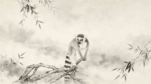 A traditional ink wash mural depicting a single ring-tailed lemur perched on a branch, set against a soft parchment background.