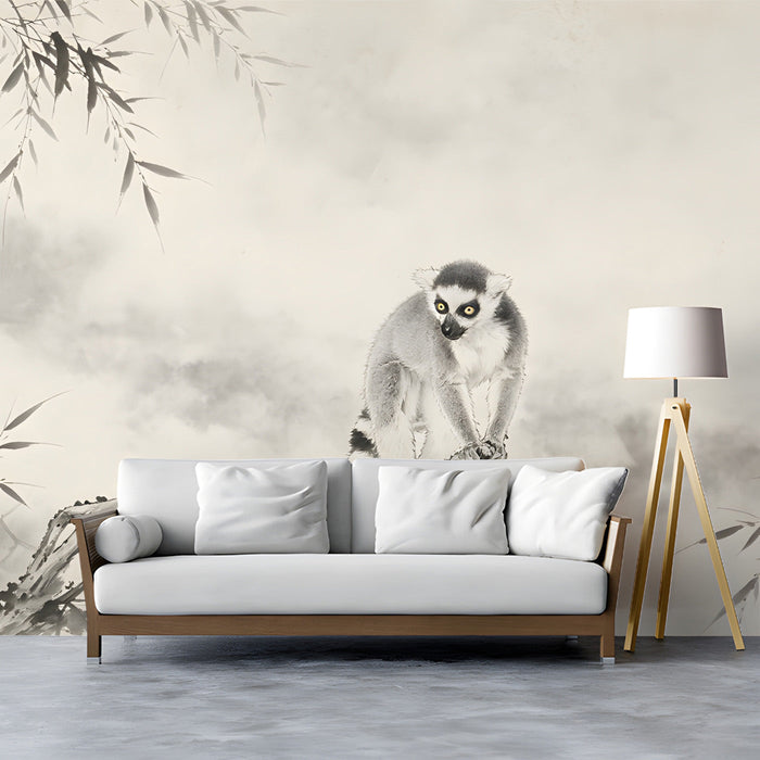 A quiet meditation room or reading corner decorated with a subtle lemur and bamboo mural.