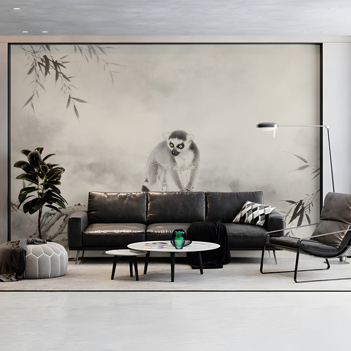 A minimalist living room wall featuring a lemur mural behind a simple headboard.