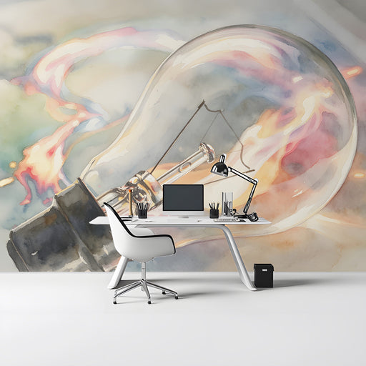 Creative studio workspace decorated with soft artistic lightbulb mural