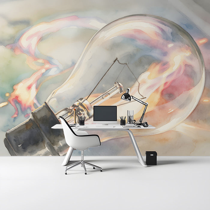 Creative studio workspace decorated with soft artistic lightbulb mural