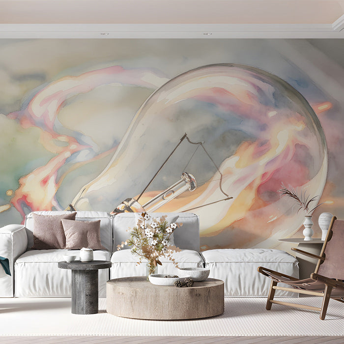 Modern living room with a luminous bulb mural behind a wooden desk