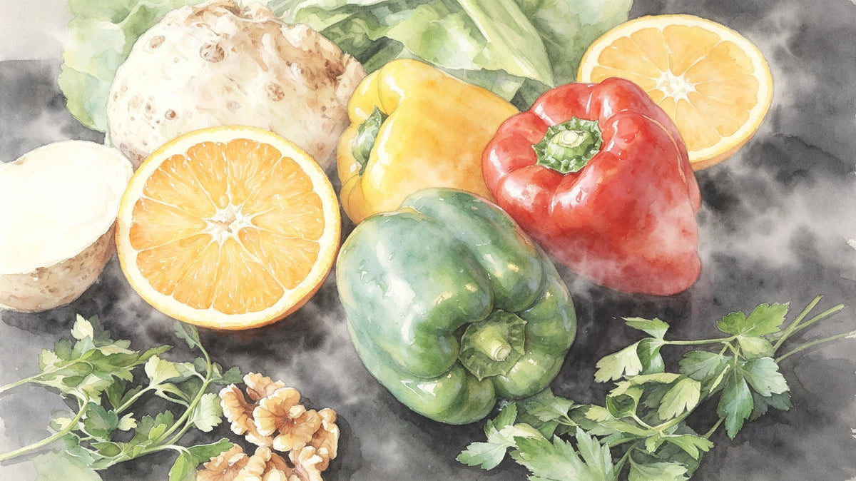 Watercolor mural of red and yellow peppers, green herbs, citrus, and walnuts on a dark charcoal wash background