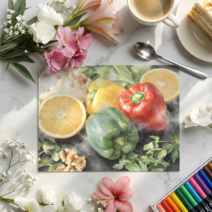 Cozy breakfast nook featuring a painterly food-themed watercolor mural on the wall
